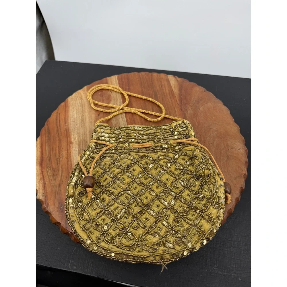 Unbranded Beaded Drawstring Pouch Bag Women Small Gold Sequin Evening Purse